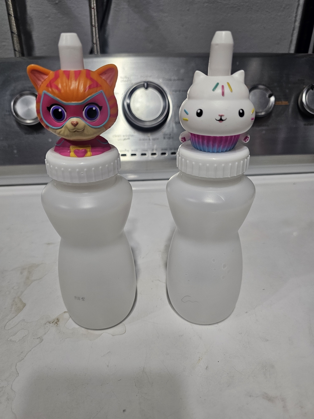 Cute Cat & Cupcake Sippy Bottles - White with Pink, Orange, Blue Accents